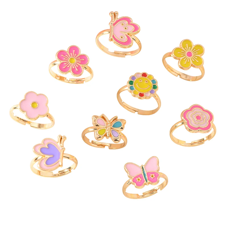 6/12/36pcs Cute Adjustable Rings Children Girls Pretend Play Makeup Toys Cartoon Crystal Jewelry Alloy Animal Enamel Rings