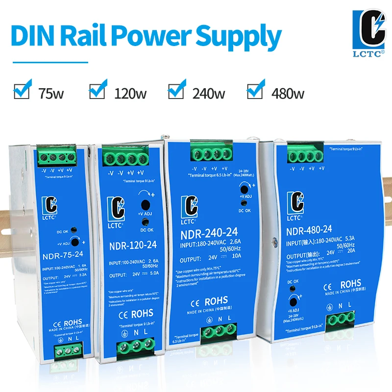 

LCTC Switching Power Supply NDR-120W 75W 240W 480W DIN Rail Power Transformer AC100-240V 12V 24V 48V AC180-240V