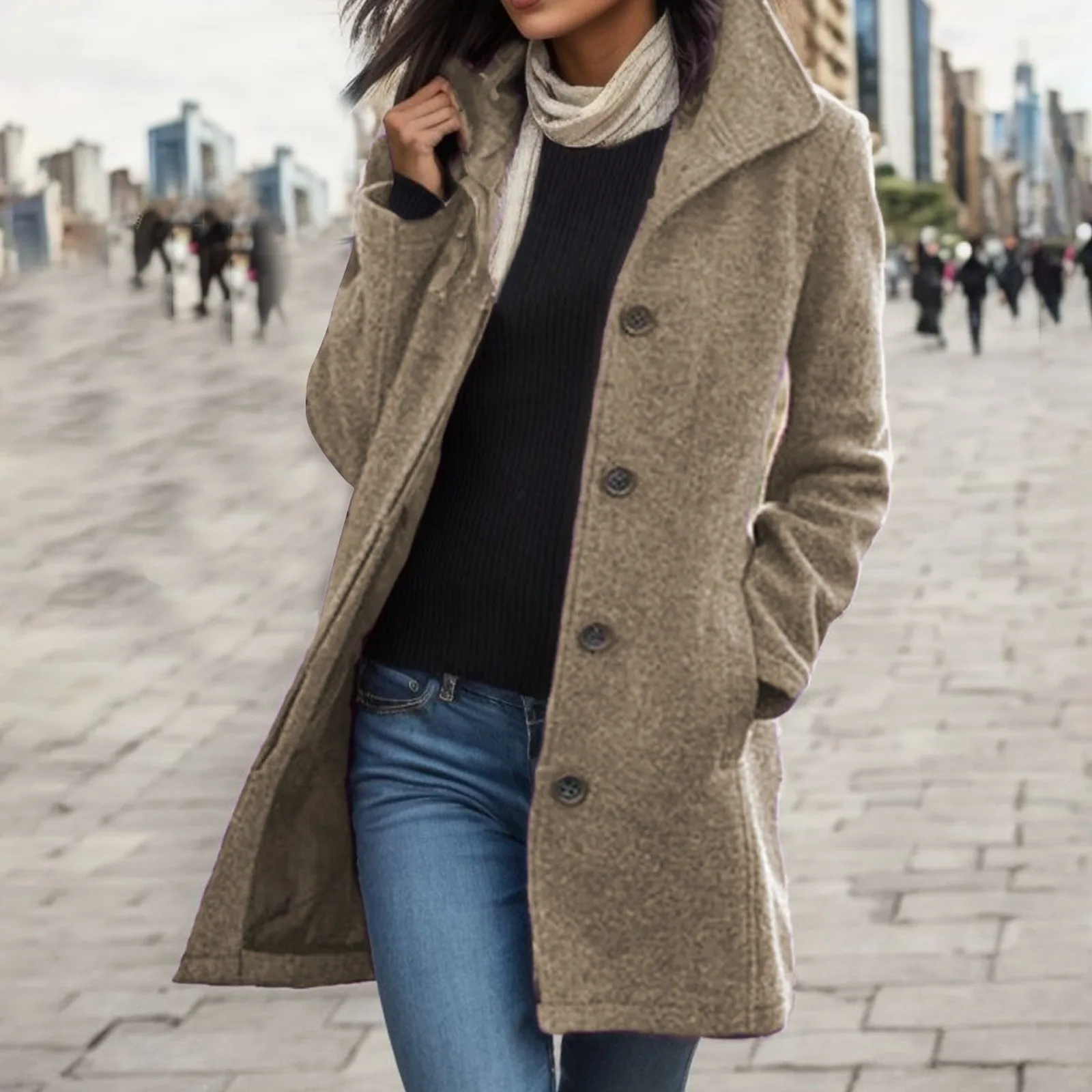 Saashi Double-Breasted Turn-Down Collar Mid-Length Women’s Overcoat