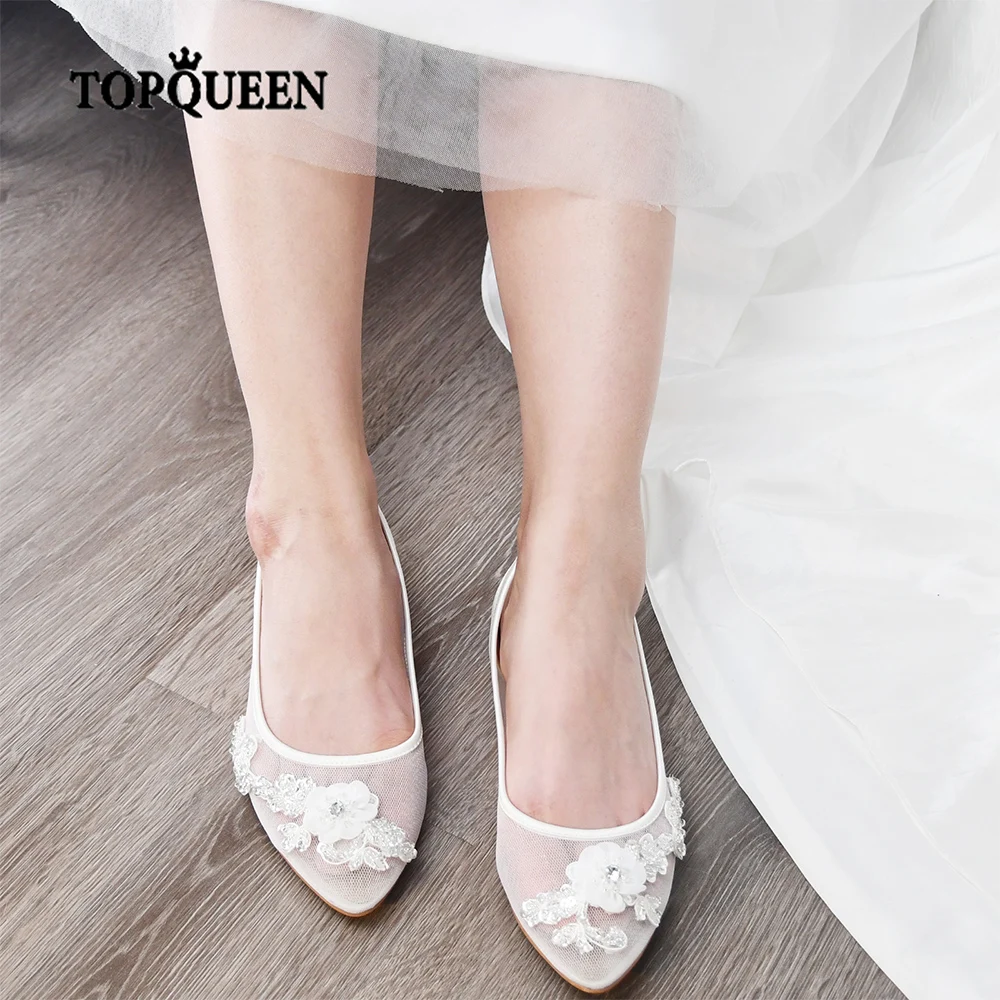 

TOPQUEEN Beach Shoes Clearance Flat Bottom Summer Wedding Shoes Bride Mesh Bandage Hand-Embroidered A98