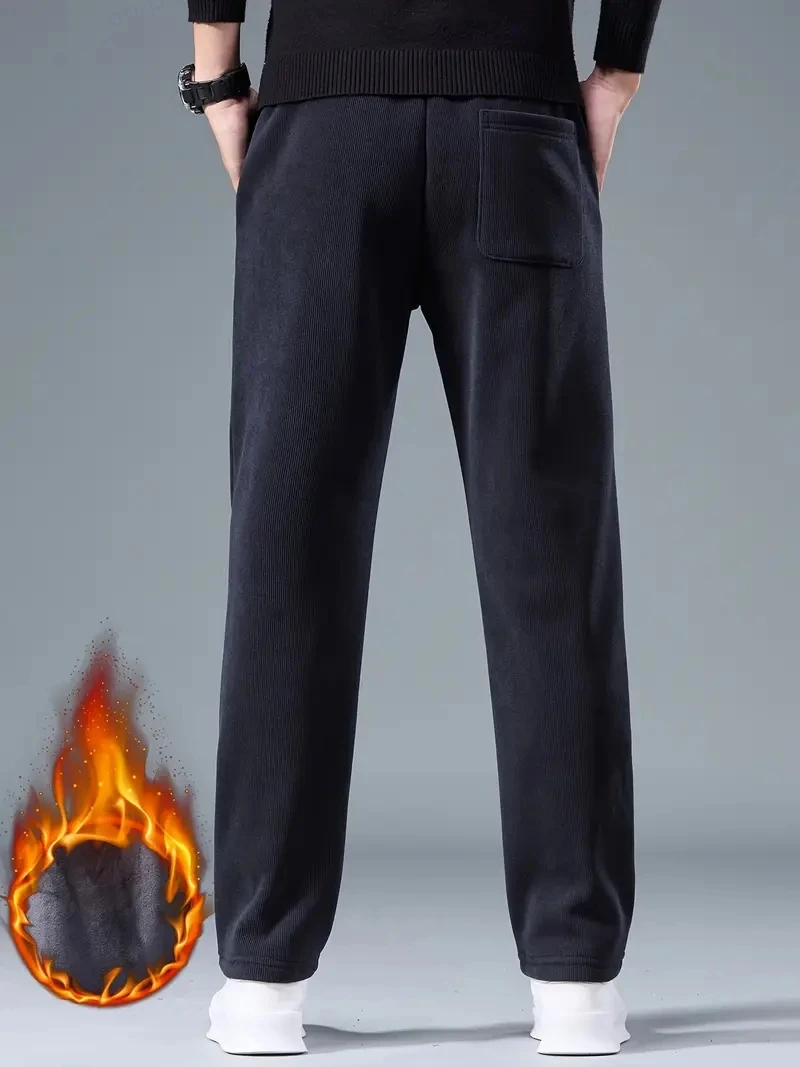 Winter Corduroy Sweatpants Men Drawstring Fleece Lined Thick Wide Leg Straight Casual Pants 2025