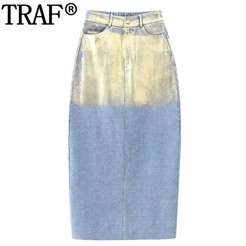 

TRAF Denim Skirt Woman High Waist Long Skirts For Women Fashion 2023 Y2K Metallic Autumn Midi Skirt With Slit Pencil Skirt