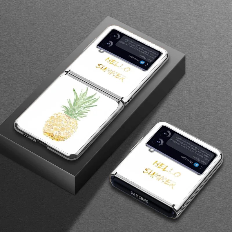 Z Flip 4 Funda Case for Samsung Galaxy Z Flip 4 3 2 Small Fresh Summer Fruit Plating Tempered Glass Protection Phone Case Cover