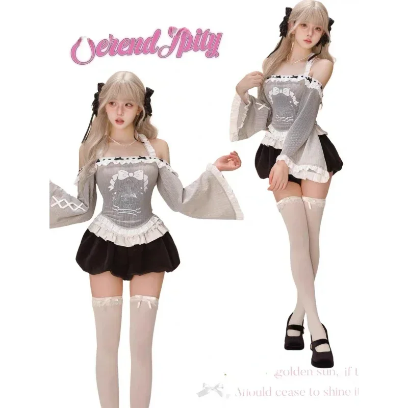 Y2k High Waist Lolita Short Skirt Suit France Vintage Slim Slash Neck Print 2 Piece Set Women Sweet Cute Off Shoulder Top Female 4