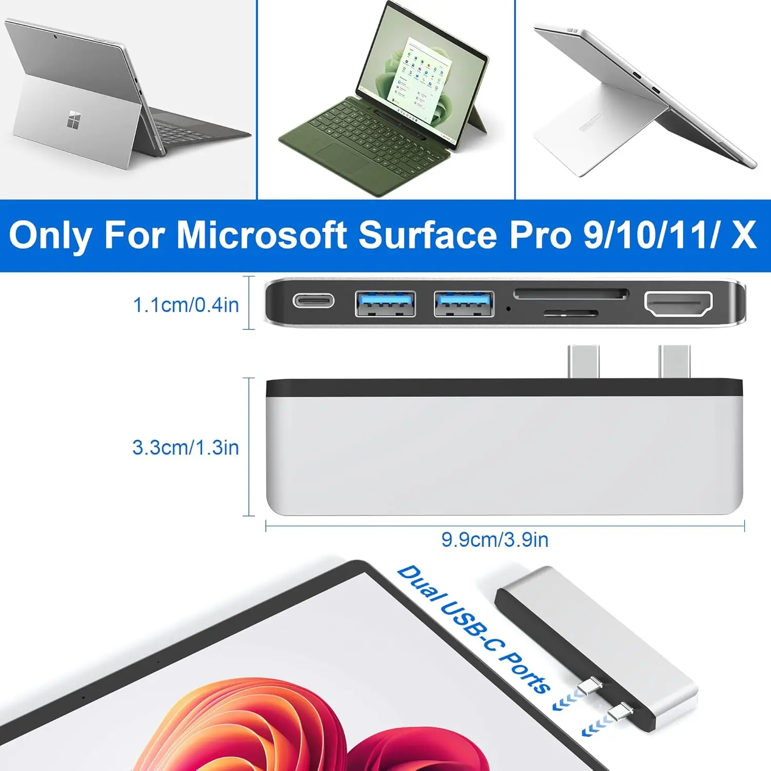 Surface Pro 9/10/11/X Hub Docking Station with 4K HDMI 8K Video Display USB-C  Adapter for Surface Pro Accessories 6