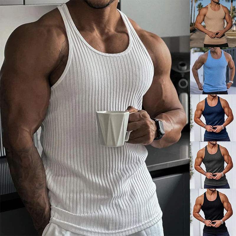 Casual Solid Color Woven Tank Tops Men Fashion Slim Fit Crew Neck ...