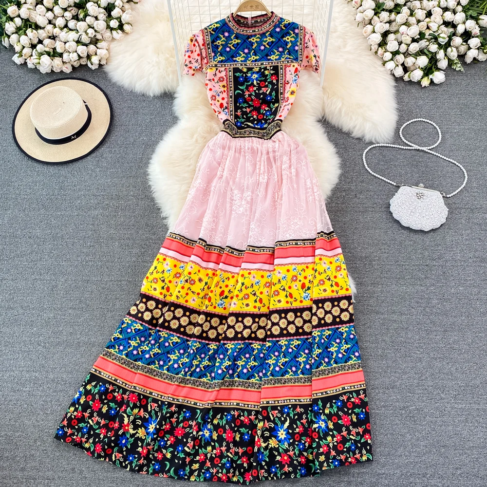 

2022 Summer New Bohemian National Style Loose Printed High Waist Seaside Resort Beach A-line Dress Elegant Large Swing Dress