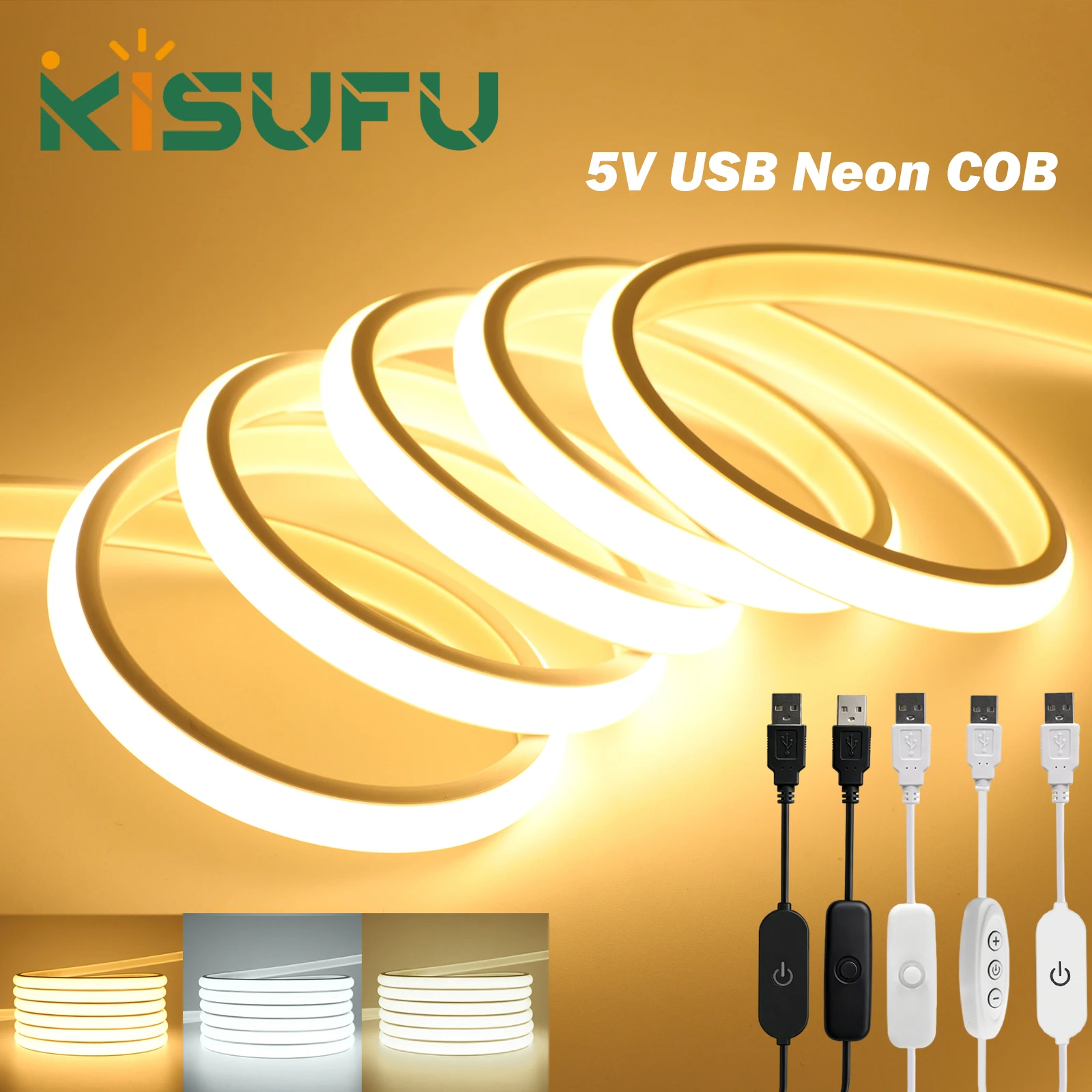 5v 디밍 가능 COB LED 스트립 USB 디머 스위치 터치 화이트 내추럴 웜..