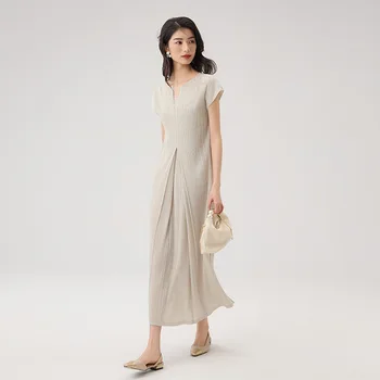 Miyake Fold 2024 Fall New Slimming V-neck French Dress For Women Advanced Short-sleeved Waist Elegant Commuter Dress 1