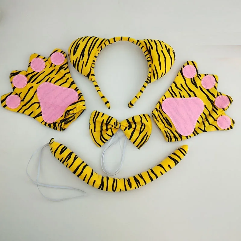 

Adult Kids Party Tiger Headband Bow Tie Tail Paws Gloves Animal Cosplay Hair Bands Plush Birthday Christmas Halloween Headwear