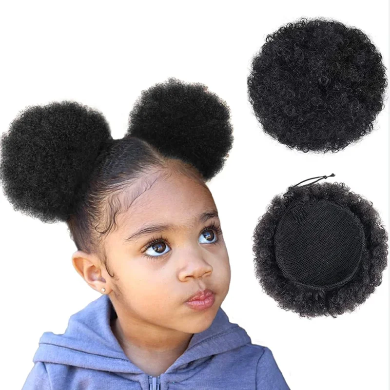 4Inch Afro Puff Drawstring Ponytail for Girls Kids Women Small Size human Hair Buns Kinky Curly Hair Donut Chignon natural color