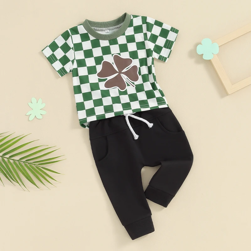 

Newborn Baby Boy St Patricks Day Outfit Infant Toddler Short Sleeve Ireland Clover Shirt Lucky Charm Pants Set