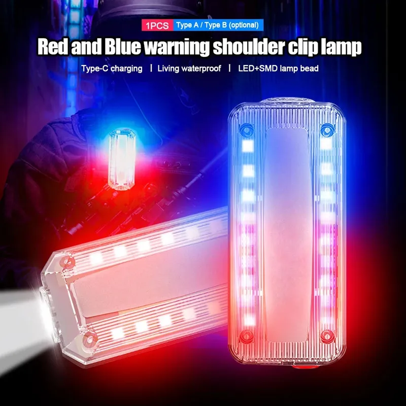 

LED Red Blue Emergency Police Light with Clip USB Rechargeable Shoulder Flashing Warning Safety Run Torch Bike Striking Light