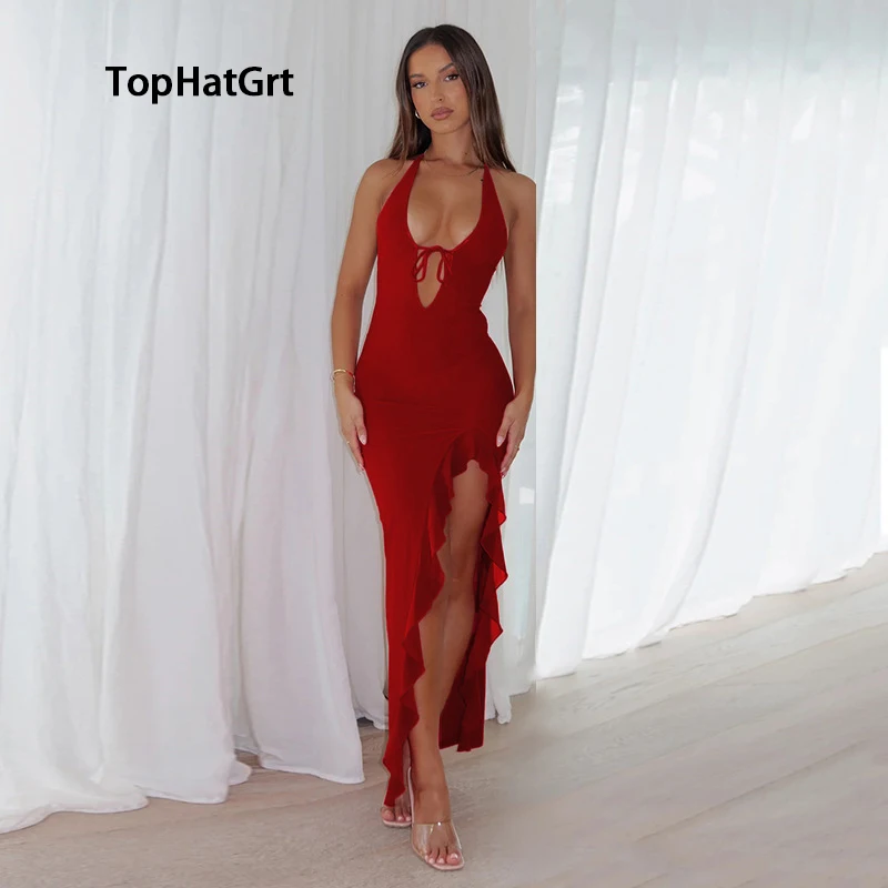 

European and American style fashion deep V strappy ruffle dress 2024 summer new style slim slit long skirt for women