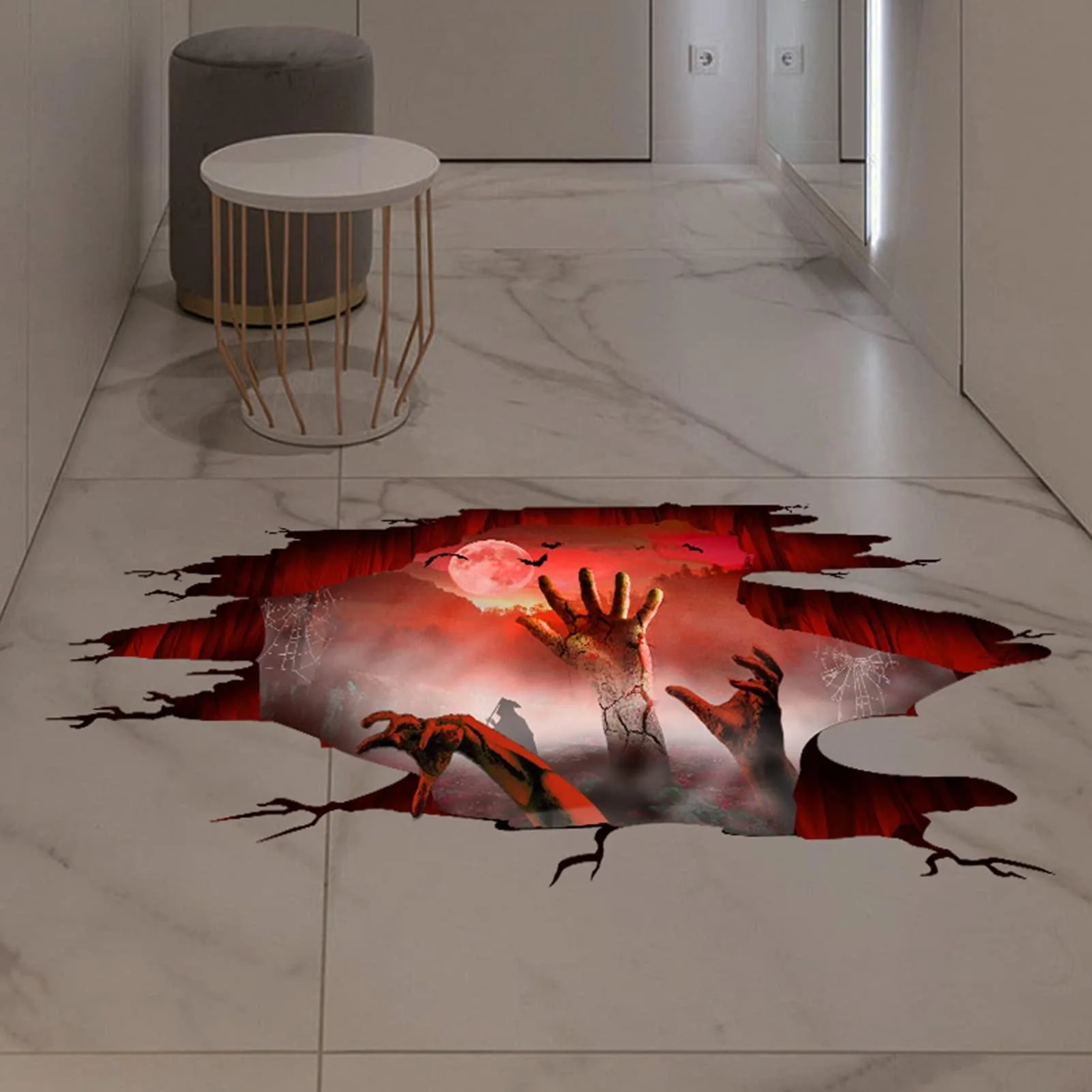 Spooky 3D Halloween Floor Decals Scary Moon Witch Cobweb Ghost Hand Wall Stickers Decor for Living Room Bedroom Bar Pub