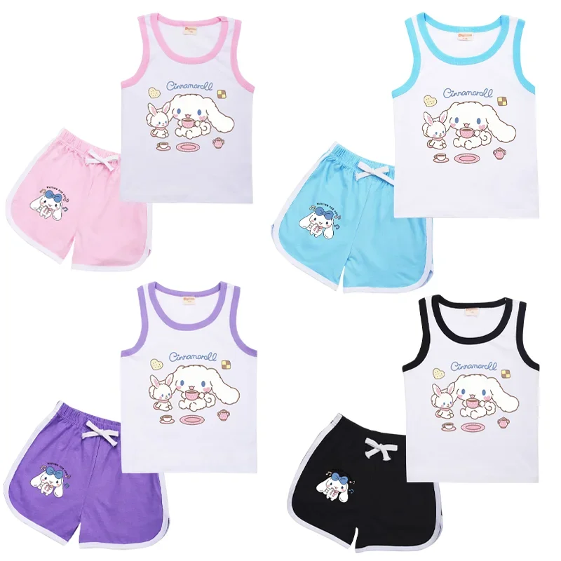 Kawaii Sanrio Anime Cinnamoroll Children's Fashion Set Summer Sleeveless Kids Tank Tops Cotton Vest T-shirt Shorts Girls Gift