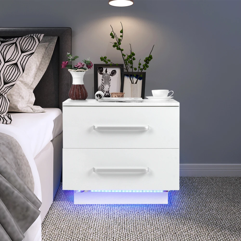Modern Bedside Cabinet with LED Blue Light High Gloss Front Panel Nightstand with 2 Drawers for Home Bedroom Dining Room