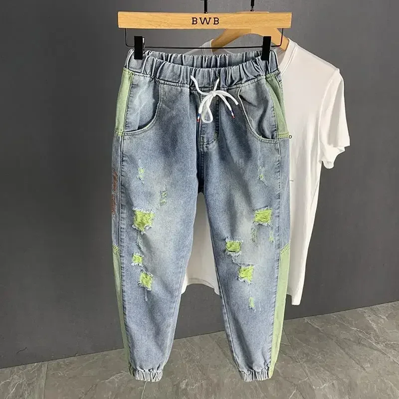 Pantalones vaqueros con agujeros para hombre, pantalones rotos, vaqueros para hombre, rasgados, harén, empalmados, recortados, estilo coreano, moda de verano original