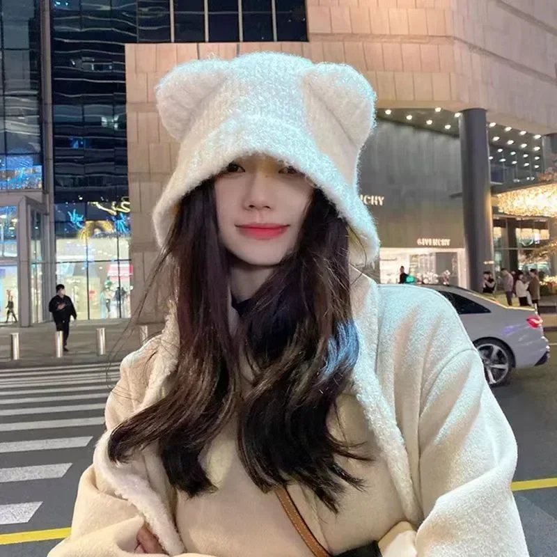 

Cute Bear Ear Wool Hat Winter Beanies Warm Lace-up Ear Protection Knitted Bomber Cap Bonnets Knitting Korea Women Warm Gorros