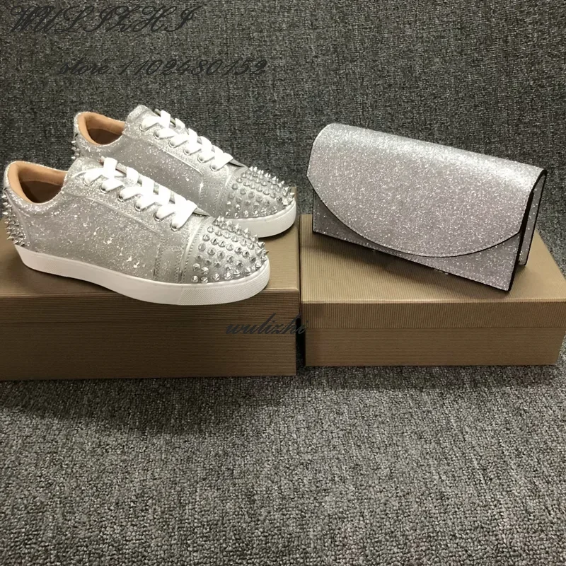 Flat Rivet Silver Casual Shoes Women Clutch Design Crystal Sneakers Luxurious Round Concise Couple Metallic Glitter Lace Up Shoe 3
