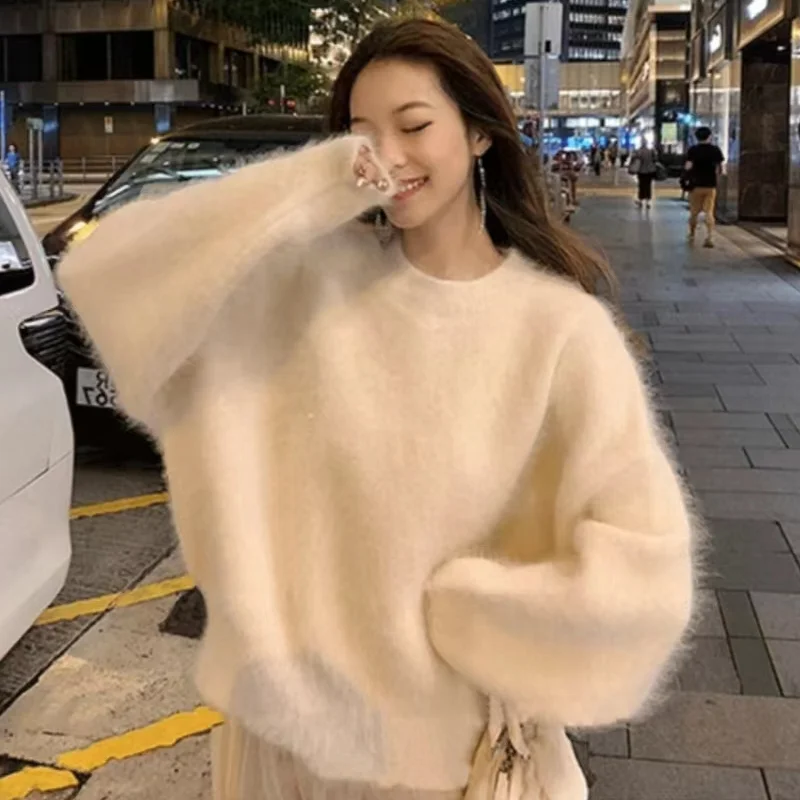 

New Style Autumn And Winter Mink Fluffy Sweater Female Loose Clothes Lazy Crewneck Sweater Soft Waxy Outer Wear C803