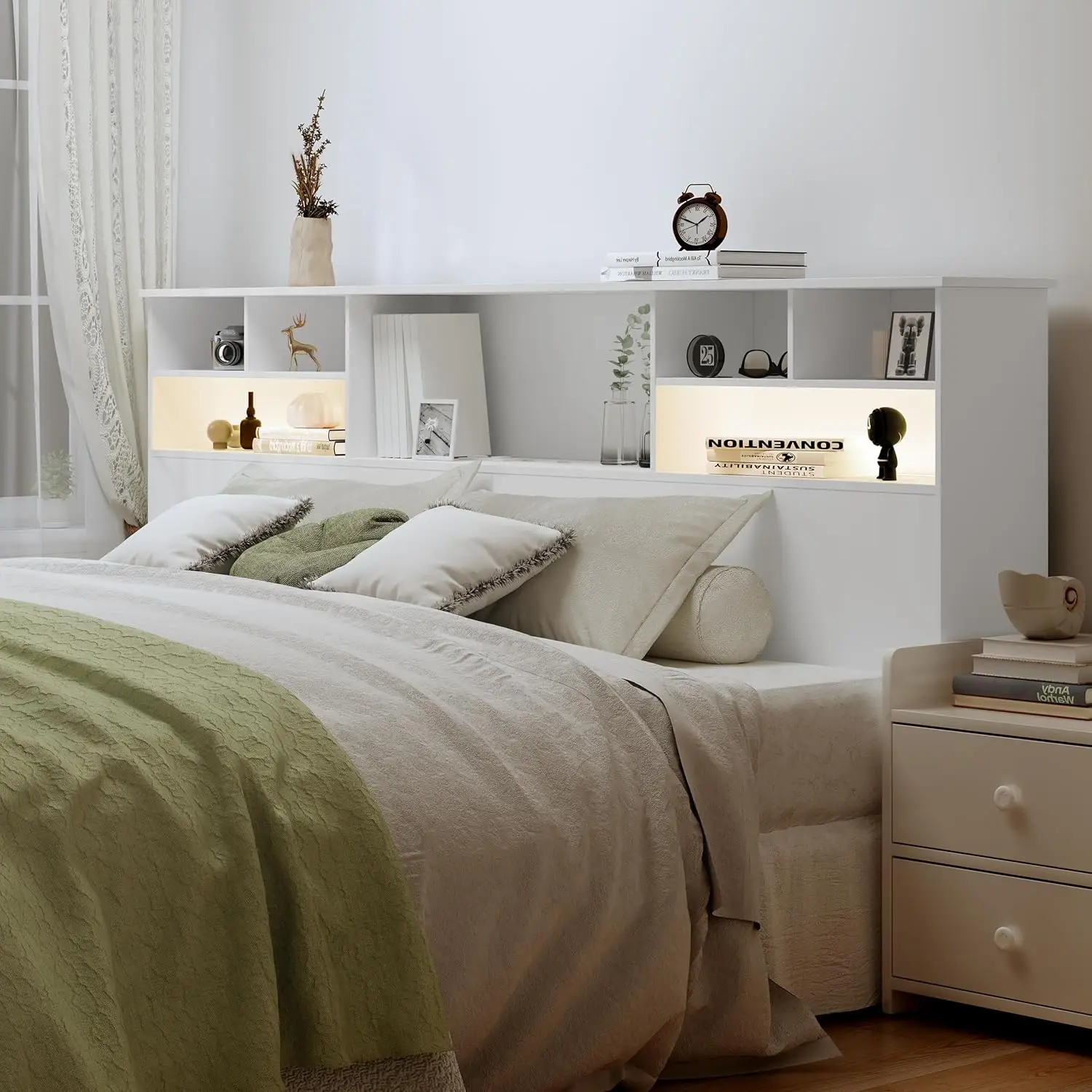 King Size Headboard for Bedroom, & 2 LED Lights, Engineered Wood Headboards, Noise-Free HeadBoard King Size with Storage