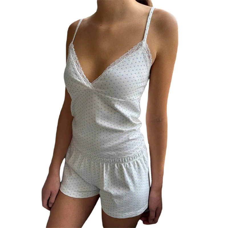 

Women Comfy Loungewear Fairycore Y2K Outfits 00s Retro 2 Piece Pajama Set Heart Print Lace Trim V Neck Camisole Tops + Shorts