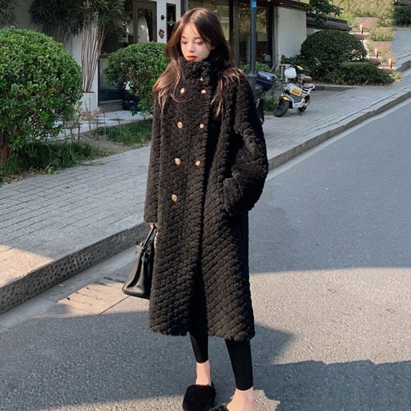Women Fur Long Coat 2024 Winter Style Stand Collar Lamb Faux Outwear Loose Thick Luxury Design Overcoat Korean Oversized Jacket