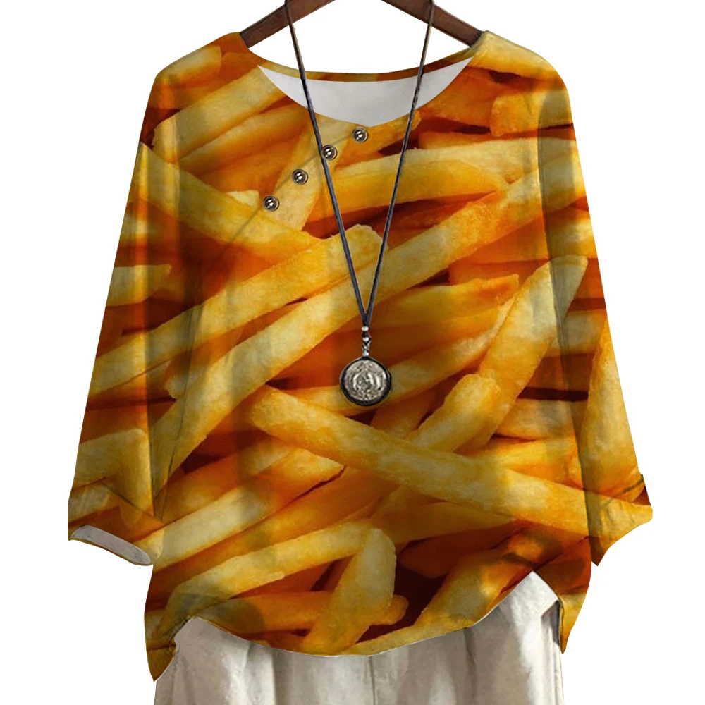 

CLOOCL T-shirt Oversized Women's Fashion T-shirt French Fries Printed Long Sleeve Casual Round Neck Blouse Pullover Tops