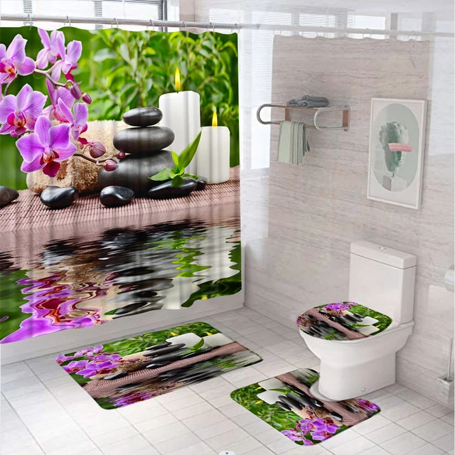 Luxury Bathroom Accessories Set Package Includes : 2 Rugs Mat Non Slip, 1 Shower Curtain with 12 Hooks and 4 Piece Ceramic Accesories Print Design