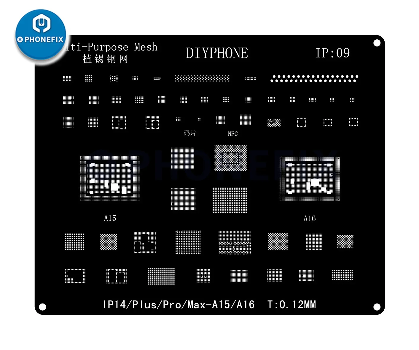 DIYPHONE BGA 리볼링 스텐실 키트, 아이폰 16, 15, 14, 13, 11, 12 프로 맥스, X, XR, 8P, 8, 7P, 6, 블랙 스틸, CPU IC 칩, 주석 납땜 네트