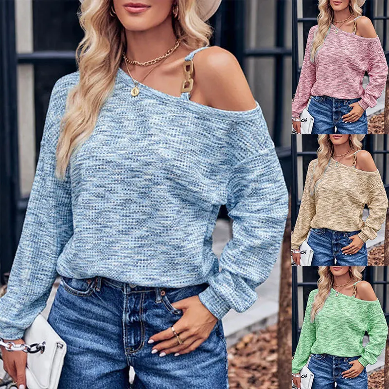 

Solid Color Vintage Off Shoulder T-shirt Women Autumn Winter Casual Loose Long-sleeved Pullover Streewear Basic Comfortable Top