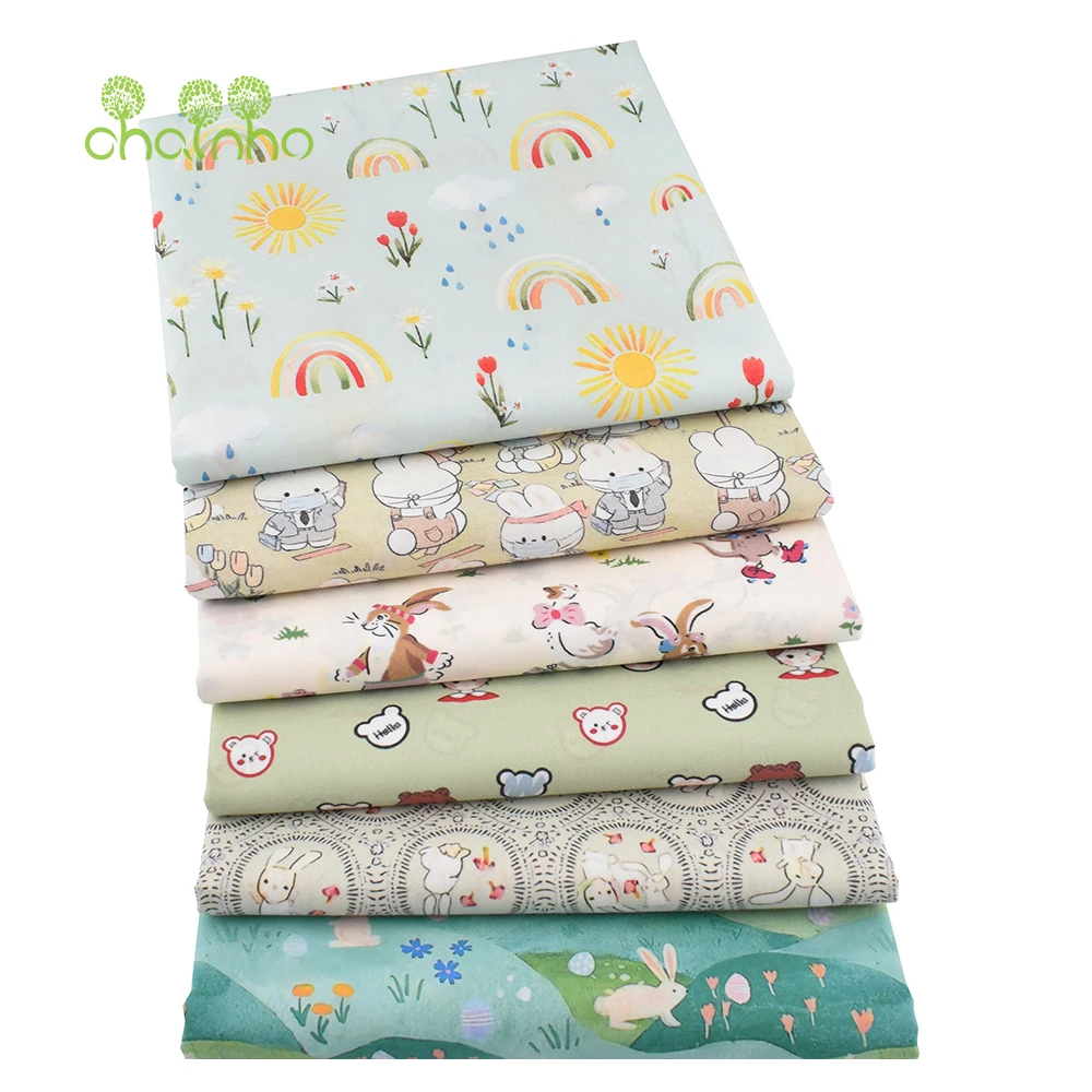 Chainho,Reactive Printed Plain Weave Poplin Cotton Fabric,DIY Quilting Sewing Material,Patchwork Cloth,Cartoon Series,15PC138