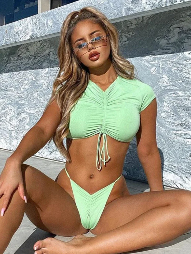 

Women's Bikinis Trend 2024 Sexy Solid High Waist Thong Short Sleeves Drawstring Swimsuit Beach Summer Bathing Suit Swimwear