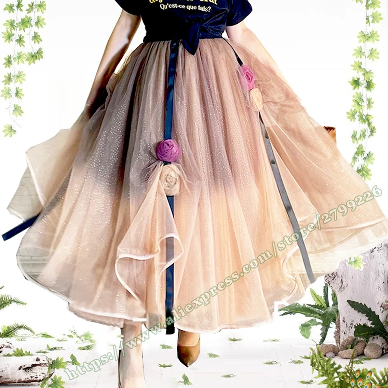 

Female Plus Size High Waisted Retro Floral Long Fluffy Maxi skirt 2024 Mesh Chic and Elegant Woman Skirt Large Size tutu Skirts