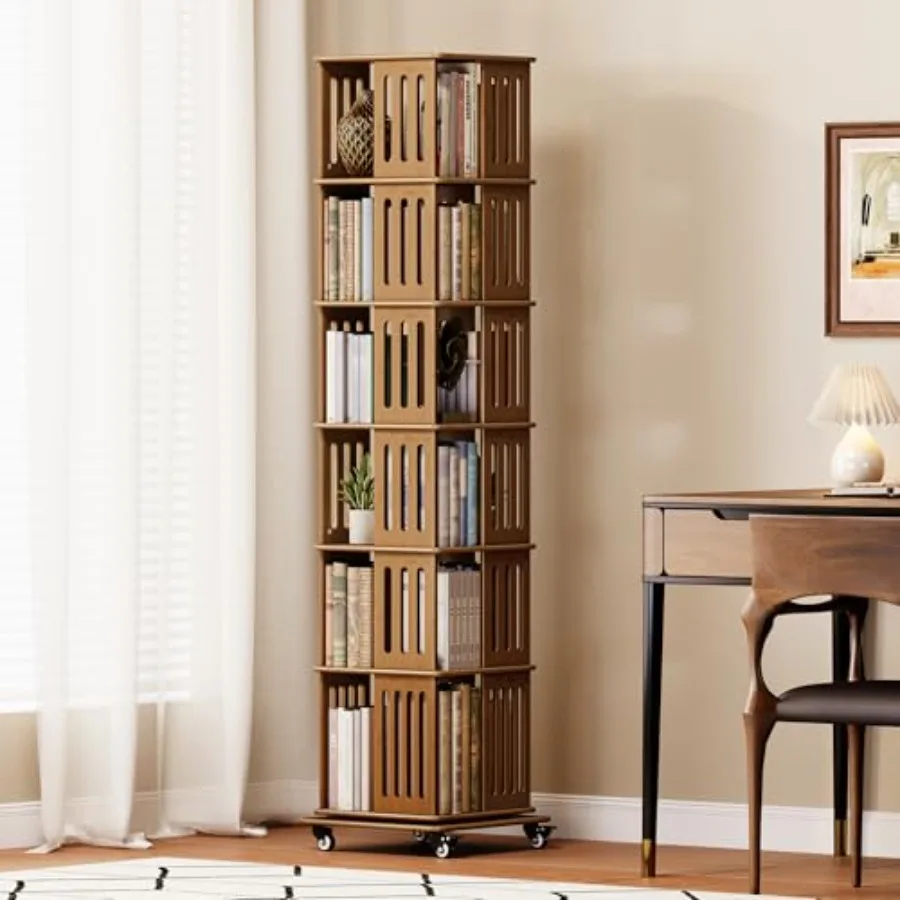 Tier Rotating Bookshelf with Wheels Solid Wood Spinning Bookcase Storage 30 Display Square Revolving Book Shelf for Living Room