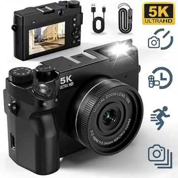 Fotocamera Digitale 5K 16X 75MP con Schermo da 3.0 Pollici HD, Fotocamera CCD per Selfie, CMOS Anti-Shake, Videocamera per Studenti e Principianti, Vlog e Fotografia