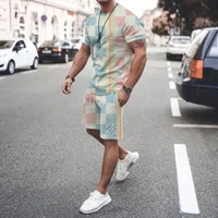 2024 Summer New Men's Crew Neck Sports T-Shirt Men's Casual Short Sleeve 3D Printed Sportswear New Striped Shorts Men's Suit 1