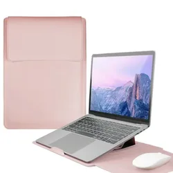 Waterproof Ultra - Thin PU Leather Laptop Sleeve with Adjustable Stand, 14 - Inch Stain - Resistant Case (Pink)