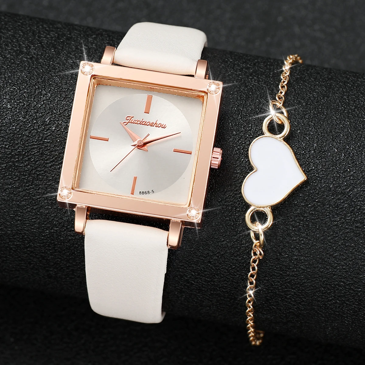 2pcs/set Women Leather Strap Aquare Dial Quartz Watch with Heart-shaped Bracelet