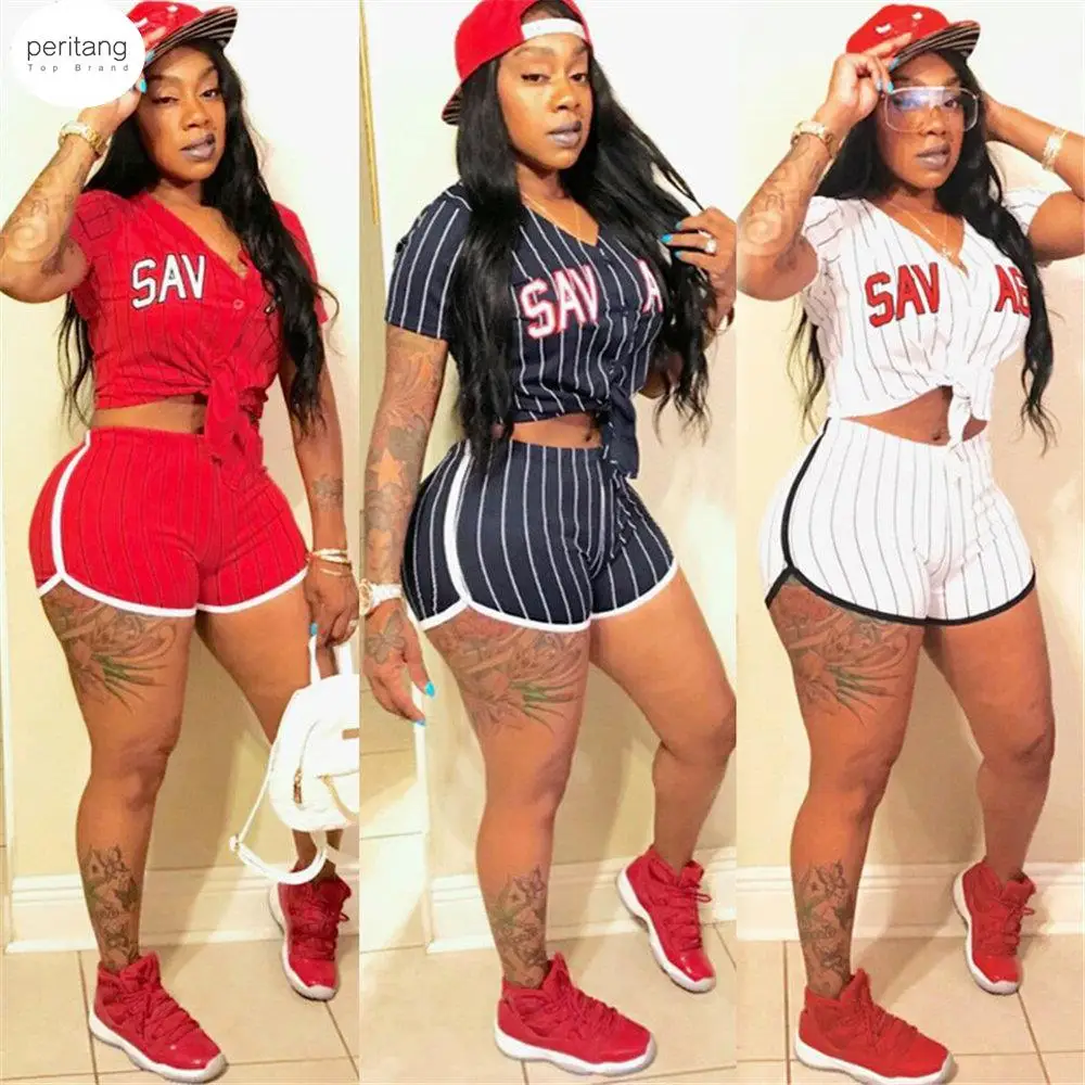 

2024 New Women Baseball Jerseys Short Sleeve Baseball Shirts Striped Letter Print V-neck Top Sexy Shorts Baseball Costume Set