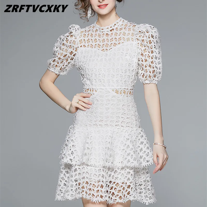 

Runway Fashion Summer Hollow Out Lace Dresses 2022 New Women's Puff Sleeve Water Soluble Cascading Lace Short Dress Vestidos