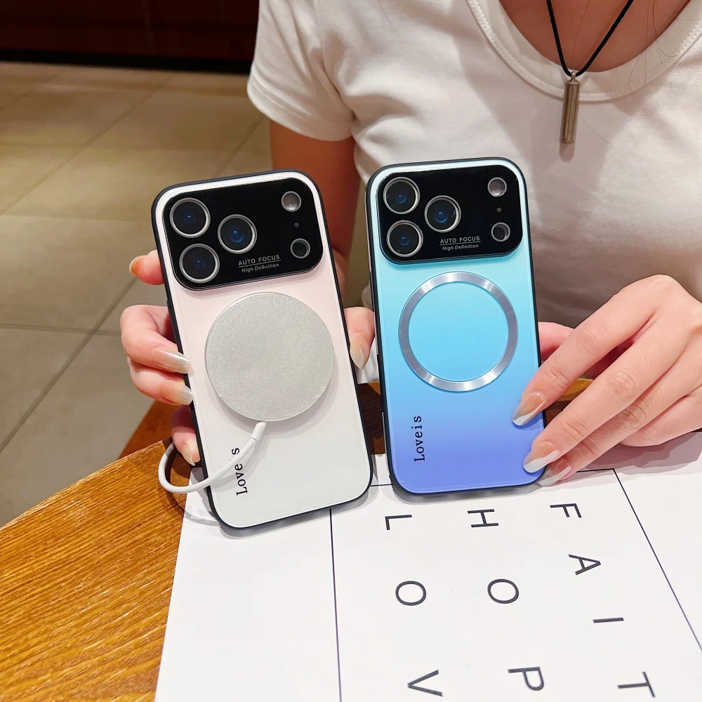 Elegant Gradient Glass Phone Case with Magnetic Wireless Charging and Lens Protection Cover