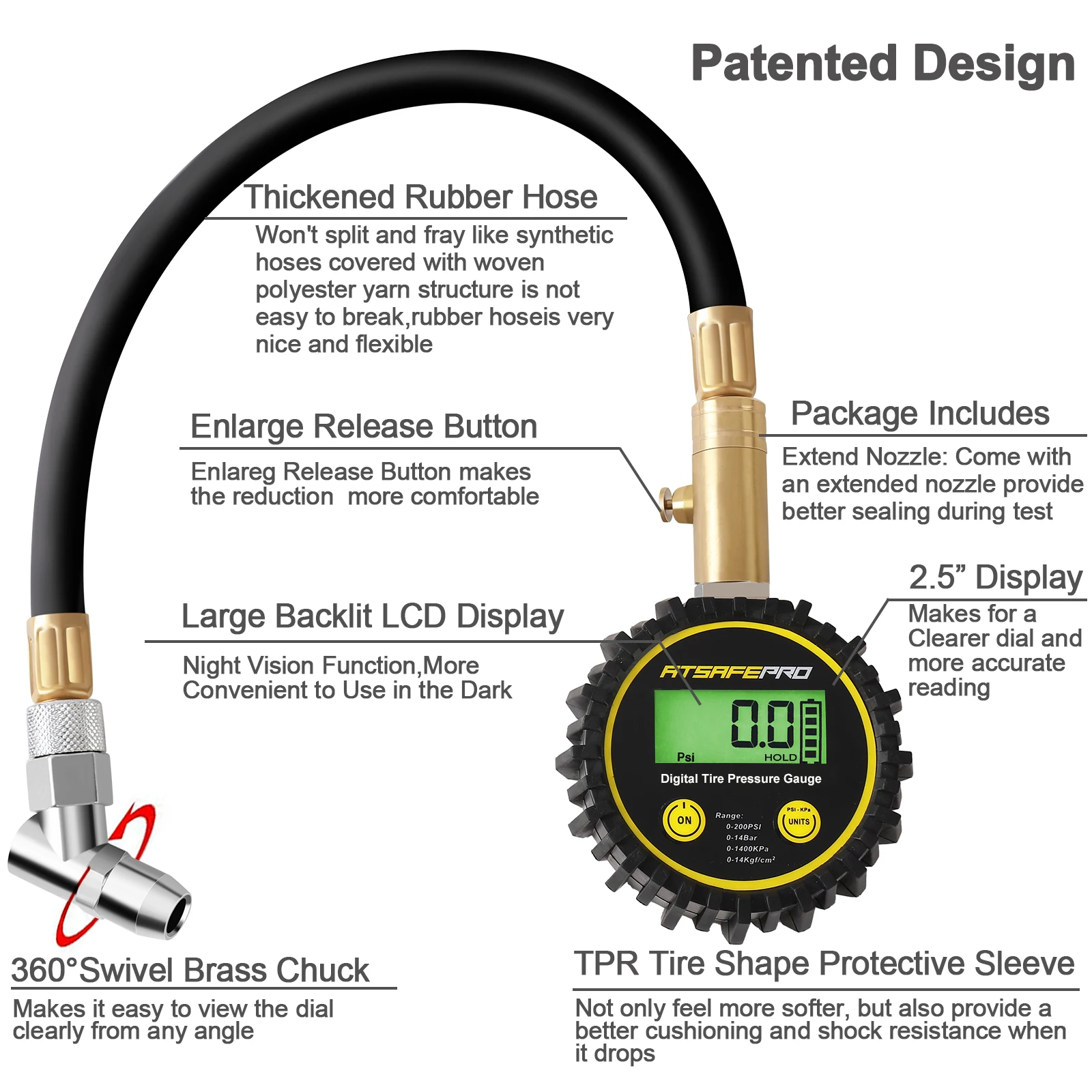 ATsafepro Car Tyre Pressure Gauge 200 PSI with Flexible Hose and Backlight LCD Display Digital Pressure Gauge for Car Truck SUV
