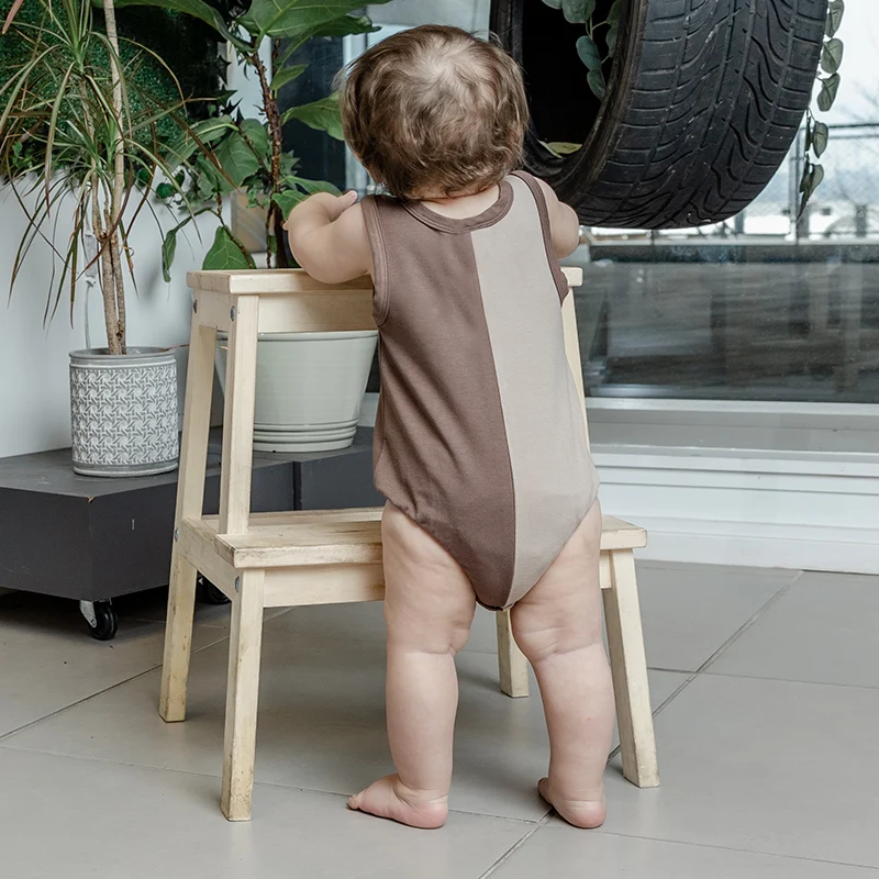 Baby boy and girls romper buttons sleeveless colorblock clothes front buttons opening baby overalls summer clothes round neck 2