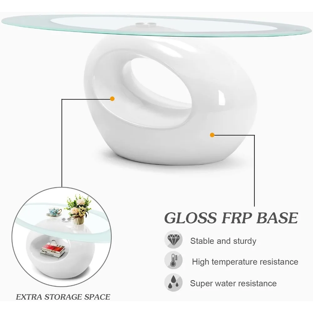 Contemporary Glass Coffee Table for Living Room, Oval Glass Table Set, Tempered Glass Top & Glossy Solid Base for Stora 5
