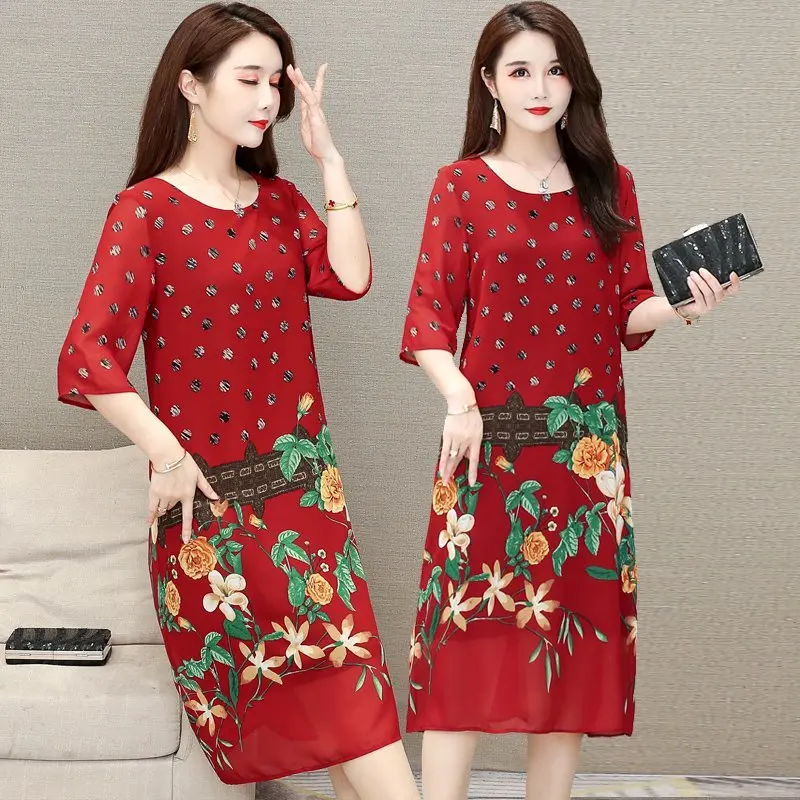Vestido de Verão Novo Feminino Floral Impressão Chiffon Vestido Casual O-pescoço Manga Curta Vestidos Soltos Longo Tamanho Grande 2022 8 Online shopping