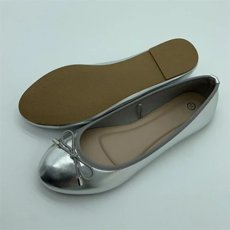 Eilyken Gold Silver Elegant Bowknot Round Toe Women's Flat Comfort Slip-On Ladies Ballerina Single Mules Shoes Zapatos Mujer 3