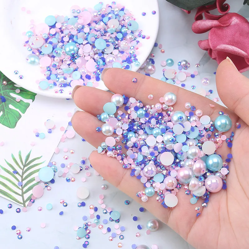 Nail Art Accessories 30g Semi-round Pearl Resin Drill Nail Drill Mixed Flat Bottom Pearl Phone Case DIY Accessories