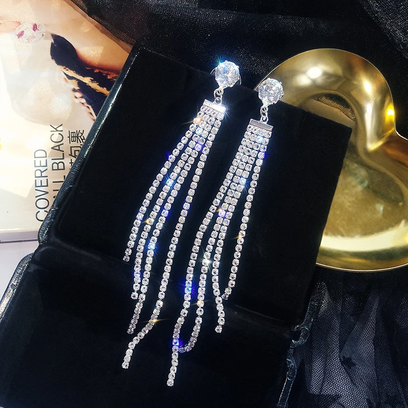 Clip Earrings Crystal Rhinestone Long Tassel for Women Bridal Party